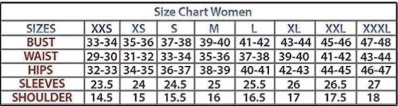May include: A size chart for women's clothing, with measurements for bust, waist, hips, sleeves, and shoulder. Sizes range from XXS to XXXL, with measurements in inches.
