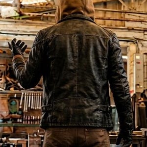 May include: A dark charcoal gray jacket with a quilted shoulder texture and a back seam, worn over a tan hooded sweatshirt. The jacket features long sleeves, a straight hemline, and is paired with brown pants and black gloves, viewed from the back.