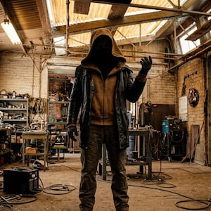 May include: A figure wearing a dark hooded jacket over a tan zip-up hoodie, dark gloves, and dark trousers. The figure stands in a workshop environment with exposed brick walls, industrial machinery, and various tools scattered throughout the space.