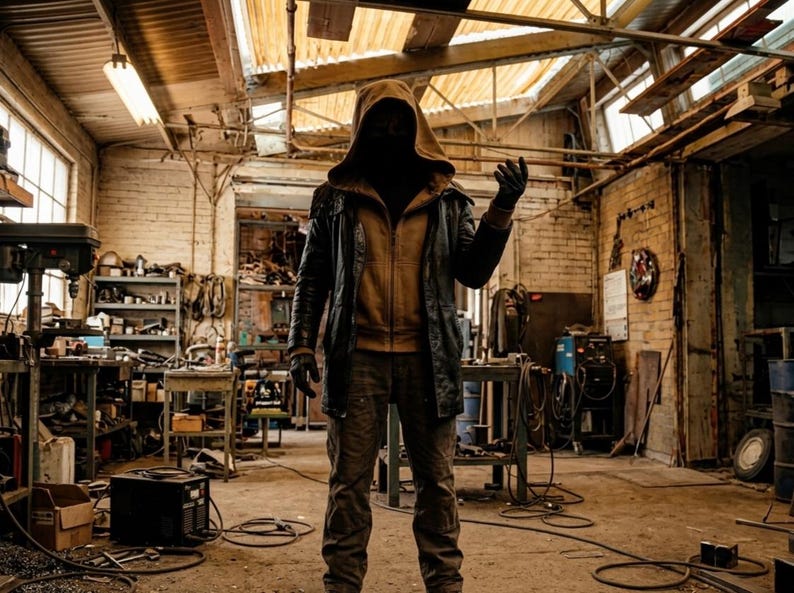 May include: A figure wearing a dark hooded jacket over a tan zip-up hoodie, dark gloves, and dark trousers. The figure stands in a workshop environment with exposed brick walls, industrial machinery, and various tools scattered throughout the space.