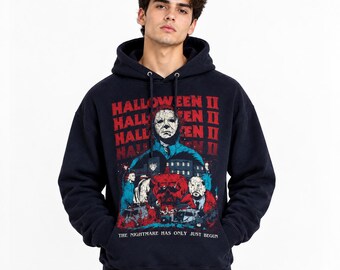 Sudadera con capucha Michael Myers Halloween II, sudadera azul de felpa con estampado gráfico, sudadera unisex de terror, sudadera vintage de película de terror, regalo para fans del cine de terror