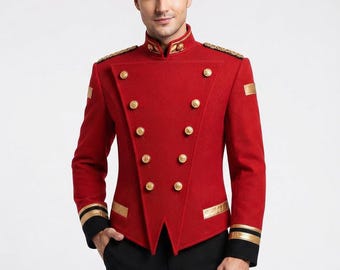 Chaqueta roja de portero, abrigo de uniforme de hotel, chaqueta ceremonial con botones dorados, uniforme formal de hombre de inspiración militar, chaqueta de hostelería de primera calidad.