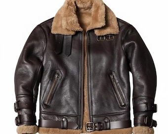 Men’s Brown Leather Shearling Jacket – Vintage Aviator Bomber Jacket, Warm Winter Leather Coat, Classic B3 Style