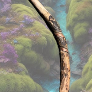 May include: A handcrafted wooden wand with a light-colored handle and a darker, textured body. Copper wire wraps around the wand's center. The wand is set against a fantasy landscape.
