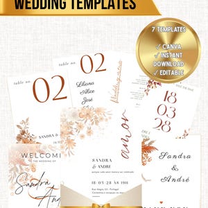 Pode incluir: Um conjunto de sete modelos de casamento editáveis com ilustrações florais em tons de ferrugem e castanho. O conjunto inclui números de mesa, menus, cartões save the date, placas de boas-vindas e cartões de agradecimento com fontes serif e script.