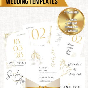 Pode incluir: Uma coleção de sete modelos de casamento editáveis para o Canva com texto e gráficos dourados em fundos brancos. Os designs incluem cartões de save the date, números de mesa, menus, placas de boas-vindas e notas de agradecimento.