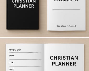 May include: A black Christian planner with the words "CHRISTIAN PLANNER" in white. The planner is open to reveal lined pages for the week and a page with a Bible verse. The text "PRINTABLE PDF • INSTANT DOWNLOAD" is at the top.