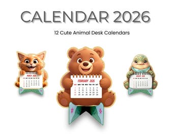 Puede incluir: Un calendario de escritorio con 12 diseños de animales lindos para el año 2026. La imagen muestra un gato, un oso y una tortuga sosteniendo calendarios con los meses de marzo, febrero y agosto. El texto "CALENDAR 2026" está en la parte superior.