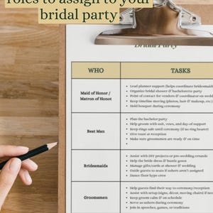 May include: A clipboard with a printed chart titled "roles to assign to your bridal party." The chart lists roles like Maid of Honor, Best Man, Bridesmaids, and Groomsmen, with corresponding tasks. A hand holds a pencil, ready to make notes.