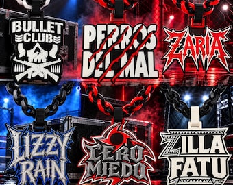 May include: Six custom wrestling-style pendants on thick plastic chains. Pendants feature logos for Bullet Club, Perros del Mal, Zaria, Lizzy Rain, Cero Miedo, and Zilla Fatu. Designs include skulls, claw marks, and bold lettering in black, white, red, and blue.