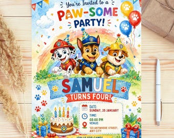 Editable Paw-ty Birthday Invitation Template, Kids Party Invitation, Puppy Patrol Pup Boys & Girls Bday, Canva Download