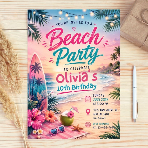 Pink Beach Birthday Party Invitation, Summer Ocean Birthday Invite, Beach Party Invitation, Surfer Party Invitation, Editable Canva Digital