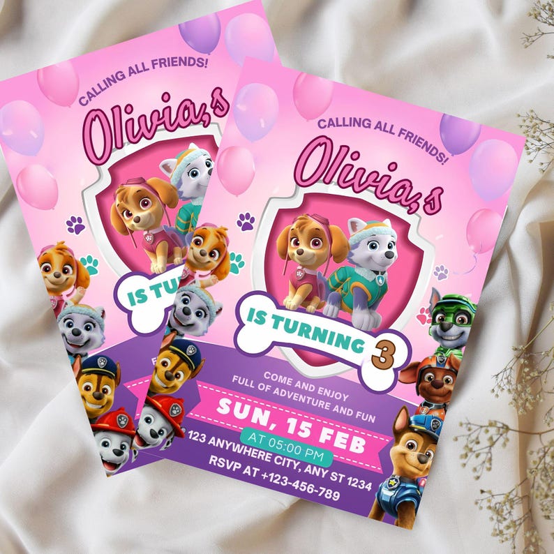 May include: Two pink birthday party invitations featuring Paw Patrol characters. The invitations have the name "Olivia's" and the text "IS TURNING 3". Additional text includes party details such as date, time, and RSVP information.