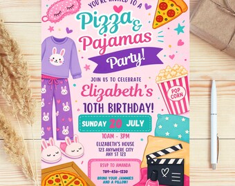 Pajama Party Invitations, Sleepover Birthday Invitations, Pajama Party, Girls' Pajama Party, Editable Canva, Digital Templates