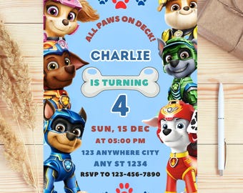 Editable Paw-ty Birthday Invitation Template, Kids Party Invitation, Puppy Patrol Pup Boys & Girls Bday, Canva Download