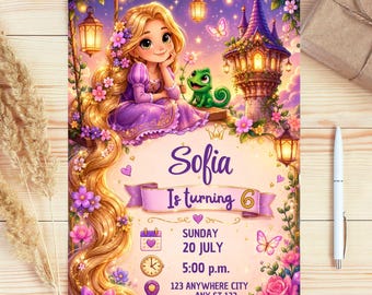 Invito di compleanno della Principessa Rapunzel, Rapunzel, Festa Reale C'era una volta, modello di invito modificabile per bambina, invito stampabile a tema castello