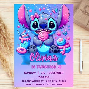 May include: A vibrant birthday invitation with a cartoon character holding a lollipop. The invitation reads "Olivia's is turning 4" with event details. The design includes stars, butterflies, and ice cream.