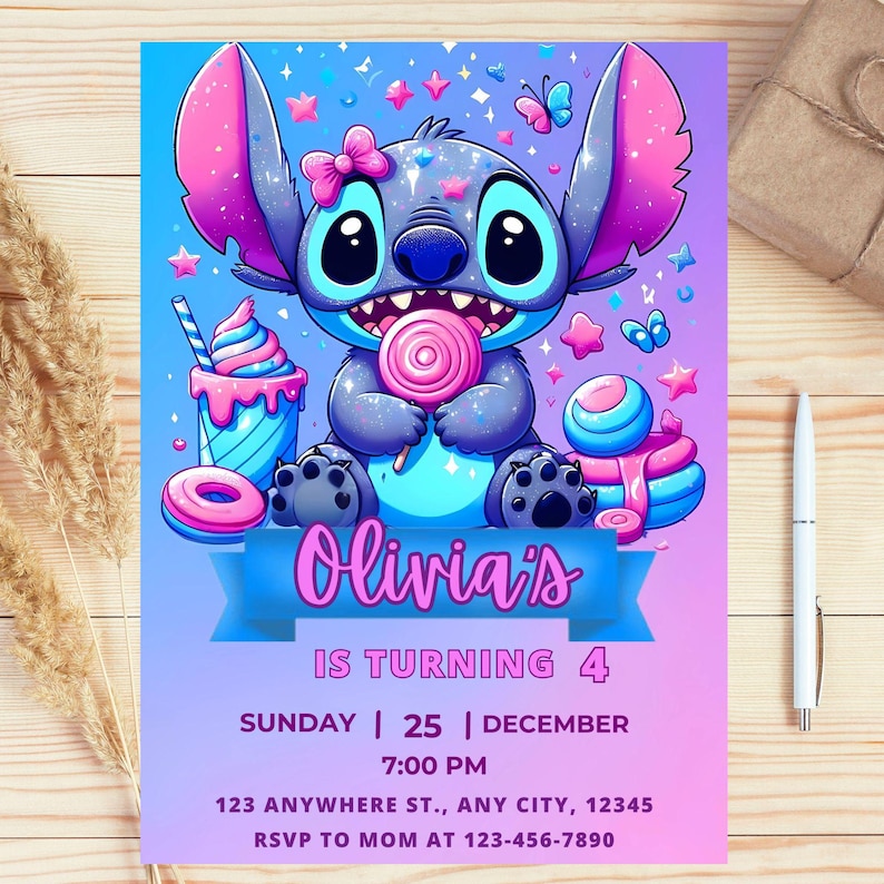 May include: A colorful birthday invitation featuring a cartoon character holding a lollipop. The invitation has the text "Olivia's is turning 4" with event details. The design includes stars, butterflies, and ice cream.