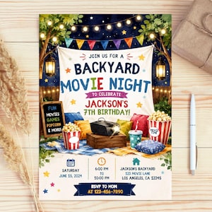 May include: A backyard movie night invitation for Jackson's 7th birthday on June 15, 2024. The design features a projector on a wooden crate, popcorn buckets, colorful pillows, string lights, and lanterns. Includes event details, time, location, and RSVP info.