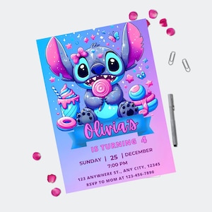 May include: A birthday invitation featuring a cartoon character holding a lollipop. The invitation has a blue and pink gradient background with the text "Olivia's is turning 4". Additional text includes the date, time, and RSVP information.