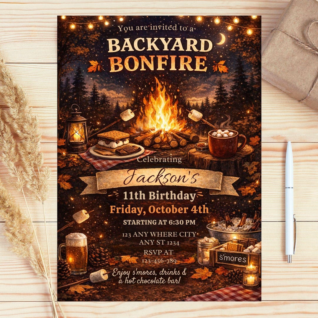 Fall R Invitations Bonfire Bonfire Birthday Invitation: Fall BBQ and S'mores Party, Canva Template ...