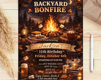 Bonfire Birthday Invitation: Fall BBQ and S'mores Party, Canva Template