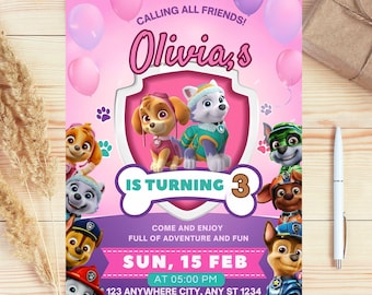 Editable Paw-ty Birthday Invitation Template, Kids Party Invitation, Puppy Patrol Pup Boys & Girls Bday, Canva Download