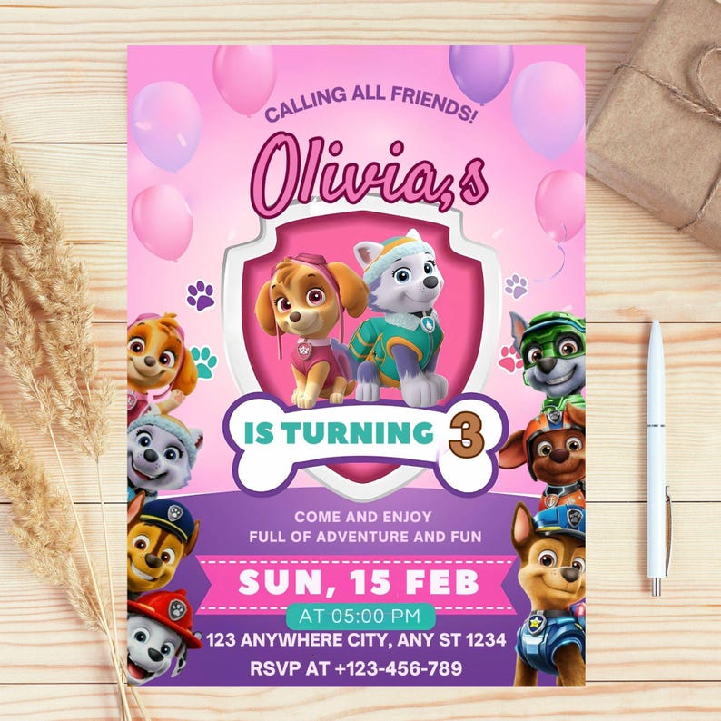 May include: A pink birthday invitation featuring cartoon characters and the text "Olivia's is turning 3." The invitation includes the date, time, and RSVP information. Balloons and paw prints decorate the background.