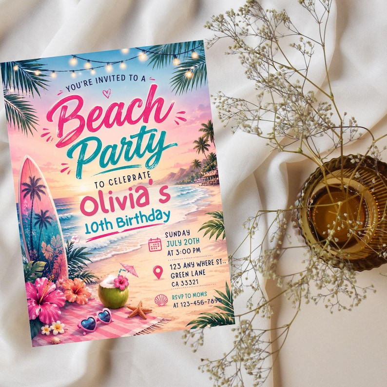 Pink Beach Birthday Party Invitation, Summer Ocean Birthday Invite, Beach Party Invitation, Surfer Party Invitation, Editable Canva Digital image 4