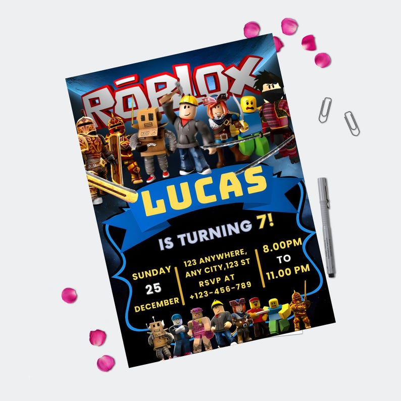 May include: A birthday party invitation featuring Roblox characters. The invitation has a blue and black background with the Roblox logo at the top. The name "LUCAS" is prominently displayed, along with the text "IS TURNING 7!" and party details.
