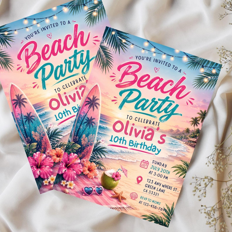 May include: Two rectangular party invitations featuring a beach scene with surfboards, hibiscus flowers, a coconut, and heart-shaped sunglasses. The text reads: You're invited to a Beach Party to celebrate Olivia's 10th Birthday, Sunday July 20th at 3:00 PM, 123 Any Where St. Green Lane CA 33321, RSVP to Moms at 123-456-7890.