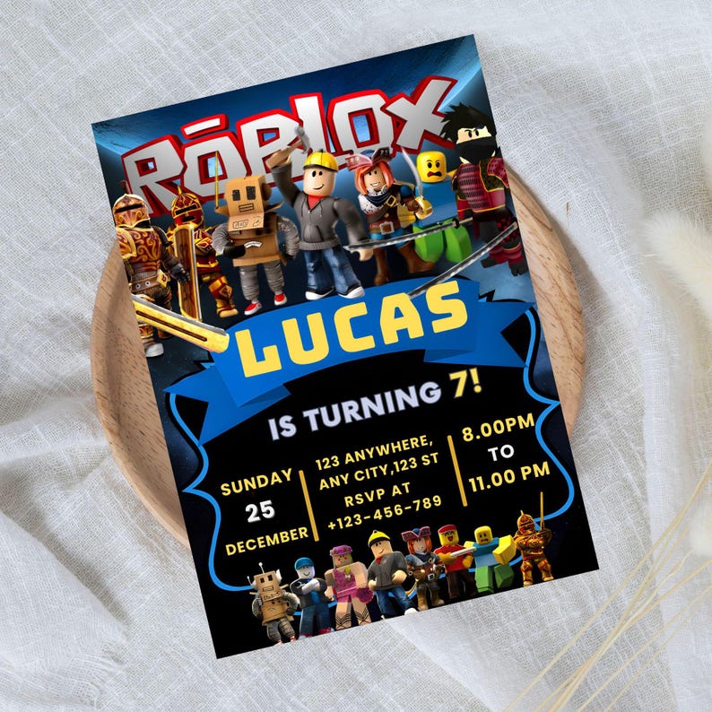 May include: A birthday party invitation featuring the word "ROBLOX" in red and blue. The invitation includes the name "LUCAS" and the text "IS TURNING 7!" with event details. Various cartoon characters are displayed on the invitation.