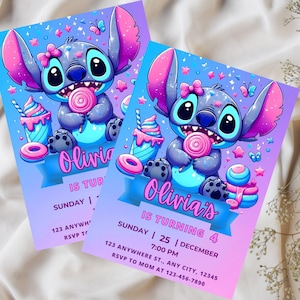 May include: Two party invitations featuring a cartoon character holding a lollipop. The invitations have a gradient background with the text "Olivia's is turning 4" and party details. The design includes stars, butterflies, and ice cream.