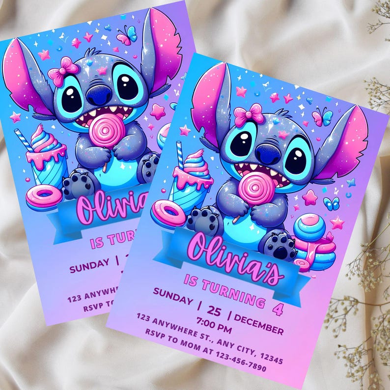 May include: Two party invitations featuring a cartoon character holding a lollipop. The invitations have a gradient background with the text "Olivia's is turning 4" and party details. The design includes stars, butterflies, and ice cream.