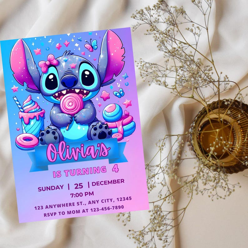 May include: A colorful invitation card featuring a cartoon character holding a lollipop. The card has a blue and pink gradient background and includes the text "Olivia's is turning 4" with event details. Decorative elements include stars, butterflies, and sweets.