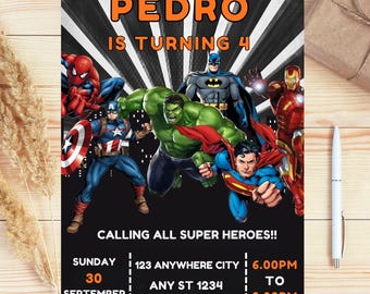 Superhero Birthday Invitation Kids Birthday Party Invite Canva Template for Instant Digital Download .Avengers Party Template
