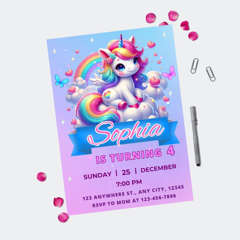 Unicorn Rainbow Girl’s Birthday Party Digital Invitation Template, Pink ...