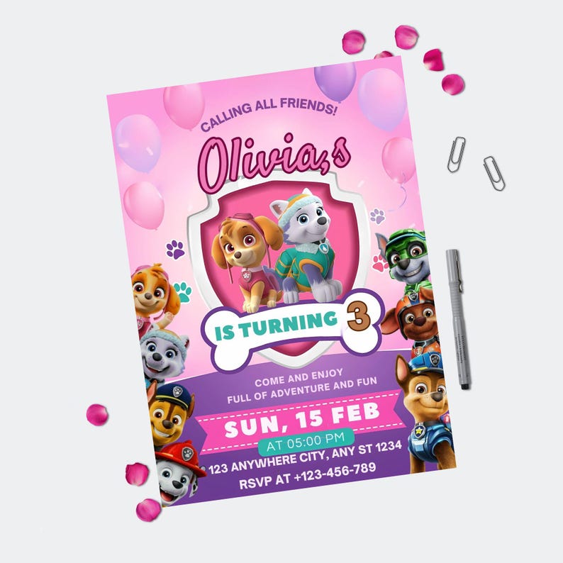 May include: A pink birthday party invitation featuring cartoon characters. The invitation includes the text "Calling All Friends! Olivia's is turning 3." Additional details include the date, time, and RSVP information.
