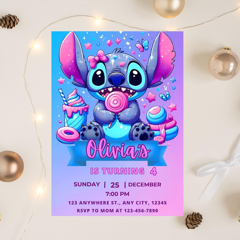 May include: A vibrant birthday invitation featuring a cartoon character holding a lollipop. The design includes the text "Olivia's is turning 4" with event details. The color scheme is a gradient of blue, pink, and purple.
