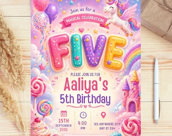 Rainbow Sequin 5th Birthday Invitation Template: Editable Canva Template, Digital download