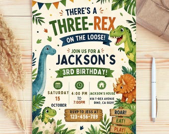 Dinosaur Birthday Invitation, Editable Three Rex Birthday Invite, Boys Third Birthday Dino Party, Three-Rex On The Loose, Digital download