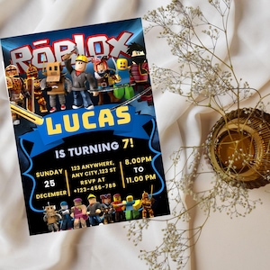 May include: A birthday party invitation featuring the Roblox logo and characters. The invitation is for Lucas, who is turning 7. Details include the date, time, and RSVP information. The design is blue, yellow, and black.