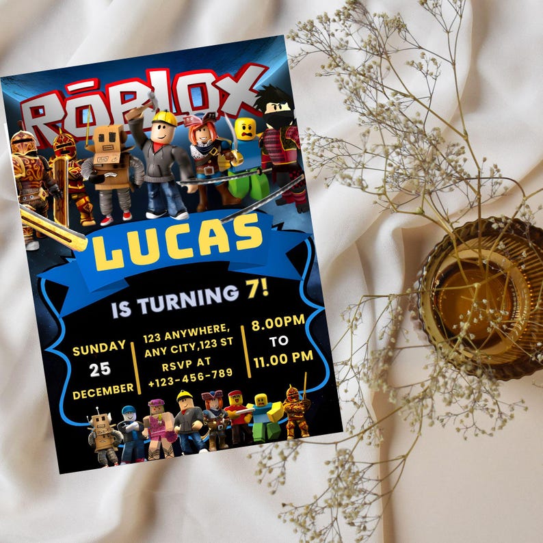 May include: A birthday party invitation featuring the Roblox logo and characters. The invitation is for Lucas, who is turning 7. Details include the date, time, and RSVP information. The design is blue, yellow, and black.
