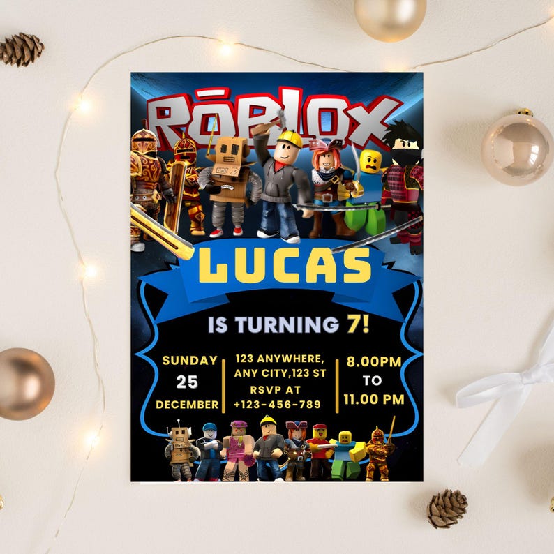 May include: A birthday party invitation featuring Roblox characters. The invitation has a blue and white background with the name "LUCAS" and the text "IS TURNING 7!". Includes date, time, and RSVP information.