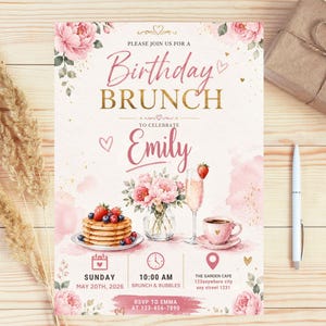 Invitación editable para brunch de cumpleaños, invitación para fiesta con champán, invitación para brunch de cumpleaños, fiesta de cumpleaños con temática floral para niña, descarga digital.