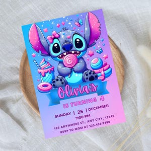 May include: A birthday invitation featuring a cartoon character holding a lollipop. The invitation has a gradient background of blue and pink, with the text "Olivia's is turning 4" and event details.