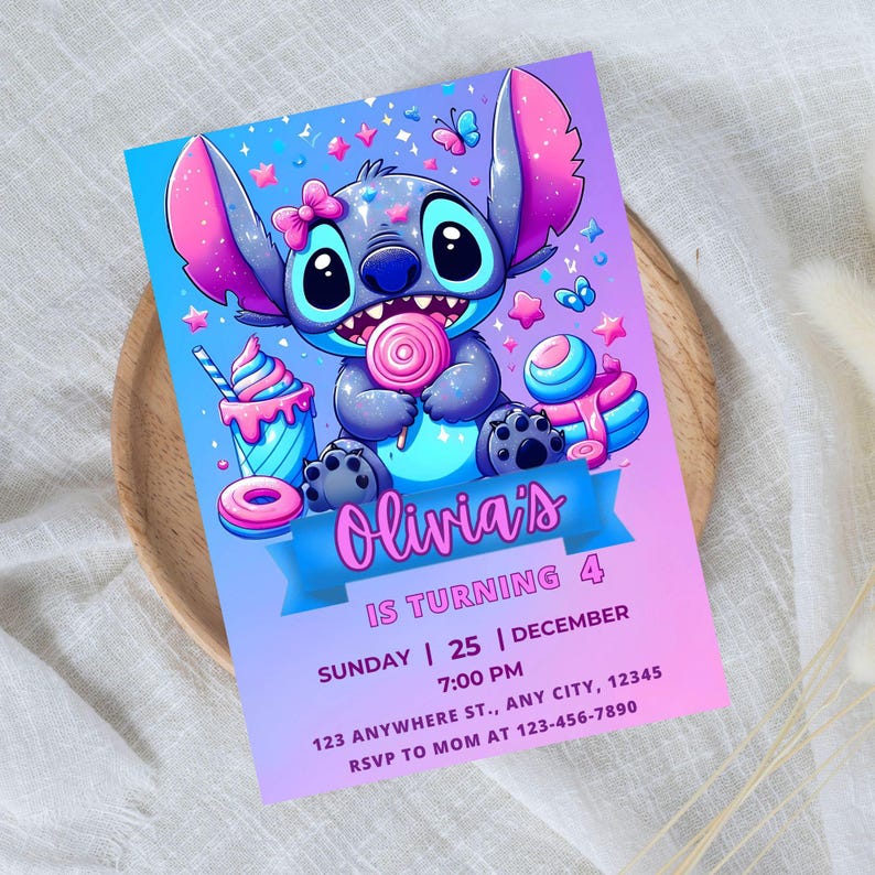 May include: A birthday invitation featuring a cartoon character holding a lollipop. The invitation has a gradient background of blue and pink, with the text "Olivia's is turning 4" and event details.