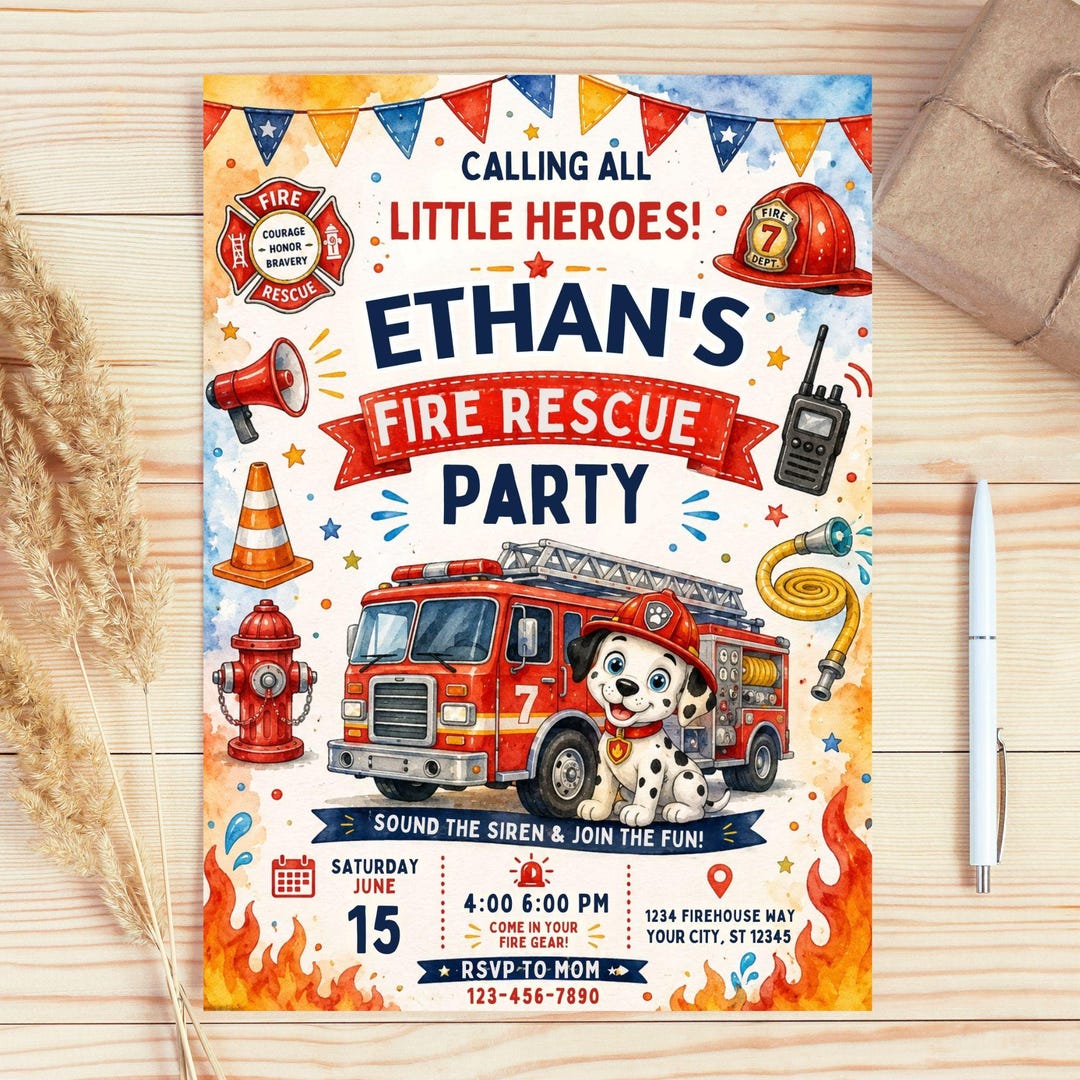 Fire Rescue Invitations Editable Fire Truck Birthday Invitation, Firetruck Invitation, Fire ...