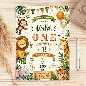 May include: A whimsical invitation with a jungle theme. The text reads "Our Wild One is Turning 1!" and includes illustrations of a monkey, lion, giraffe, elephant, and tiger. The invitation also includes the date, time, and RSVP information.