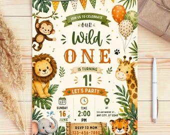 Safari First Birthday Evite, Wild One Birthday, 1st Birthday Digital Invite, Jungle First Birthday Evite, Jungle Animals Party, Digital